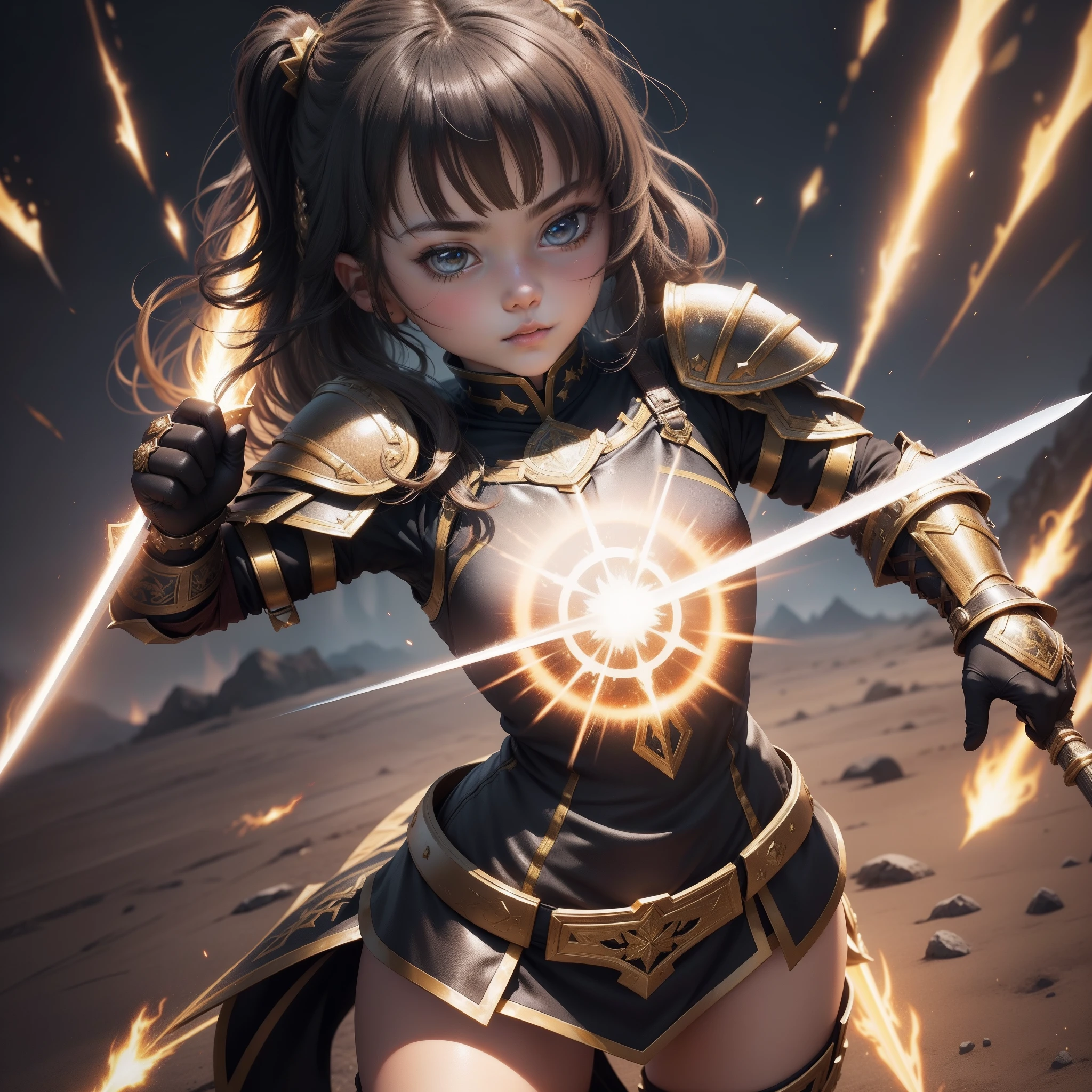 young girl with sweet and cute face, with armor warrior style, with sword, gold and leather trim on armor It has clear, legible lines that aren't confused by extreme detail. you can clearly identify the different elements. The black center, glowing explosions from the center, the expanding ring, and anime action lines coming from the object
