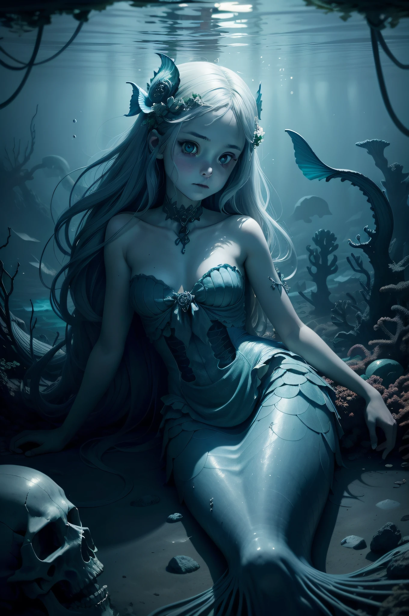 1girl, underwater, skeleton,corpse,Beneath the sea, where tendrils of coral and vines abound, a (mermaid) girl stares at you from amidst a pile of bones and skulls. Her eyes gleam with an eerie light.