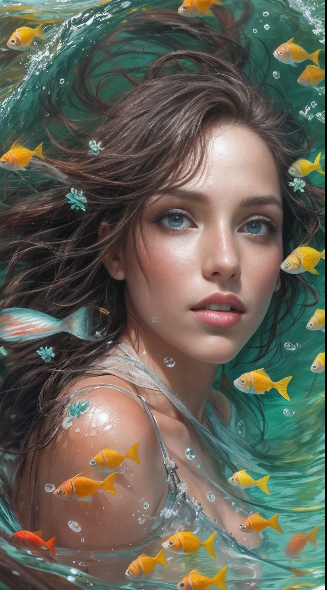Vista de longitud completa,Vista de cuerpo completo, 20 yo, 20mm, (sirena :1.2), adulto, Buen, Cara hermosa, (Flotando bajo el agua),lingerie,Paisaje submarino profundo, rodeado de peces de coral y caballitos de mar, Digital Illustration Art, Hermoso cabello largo turquesa que fluye,    Rostro angelical,maquillaje facial,  orejas puntiagudas,  (senos grandes), Pezones sobresalientes, cintura abierta, hombros abiertos, barriga abierta, barriga muscular, ombligo, Muslos Tichk, Escalas de Perlamutr, Top de seda blanca, 16k, (Renderizado de ultra alta calidad,fantastical realism, realista, Kinematic,intrincado, ultra detialed, Fondo detallado, alumnos detallados,cabello detallado), [hermosas palmeras, Hermosos dedos],