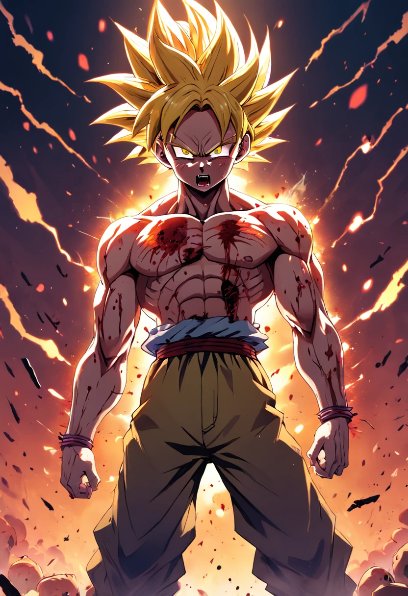 A Super Saiyan Zombie, In the middle of a zombie war, Gore, Blood, Blood Sparks, Horror, 12k