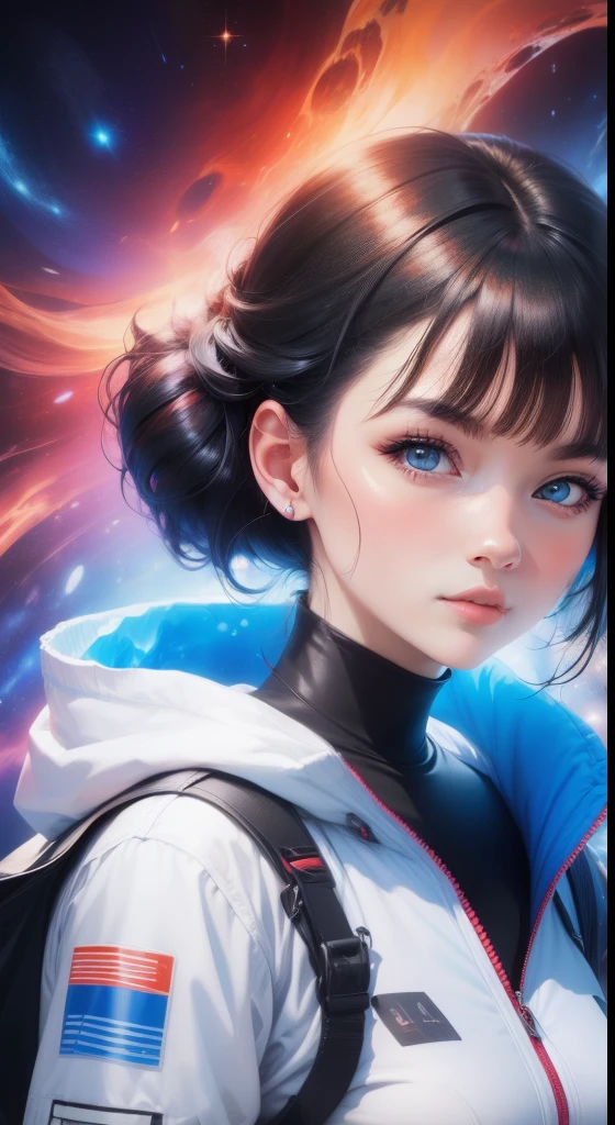 Portrait of a young woman with black hair in zero gravity, The background of the Milky Way and the supermassive black hole as the background