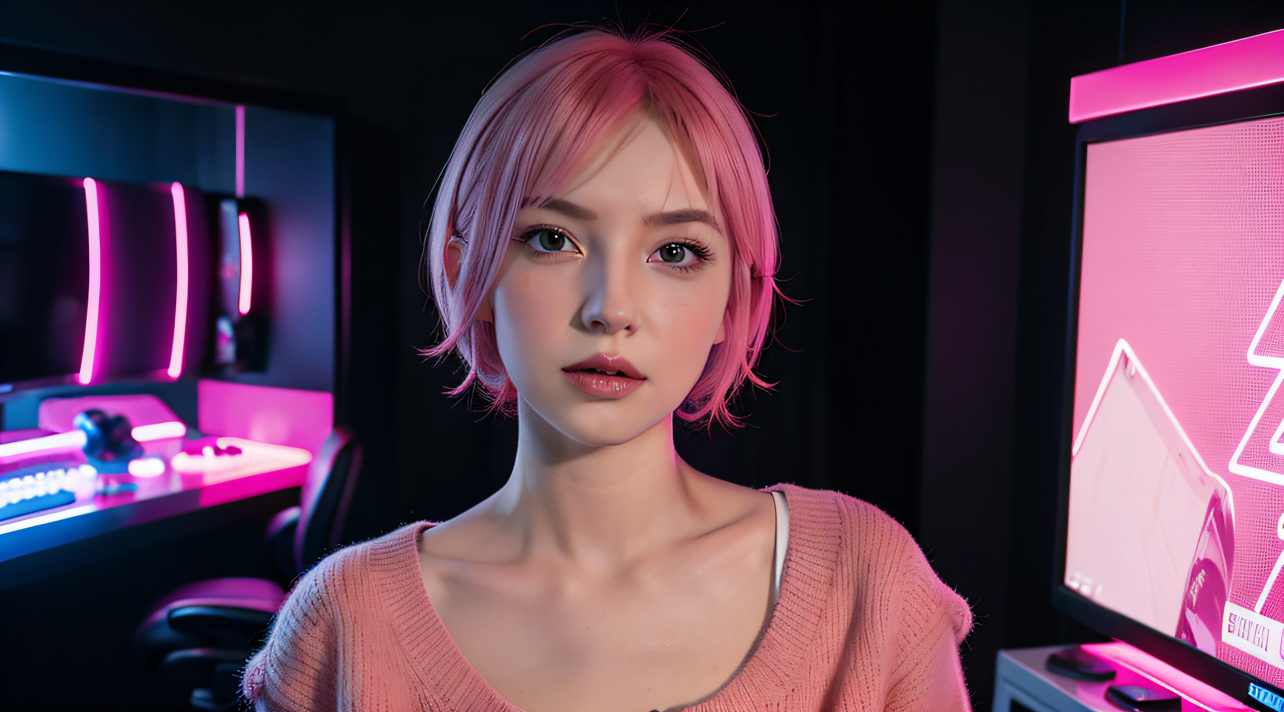 photo of a woman standing in a gaming room , cute girl , confident look, with short pink hair, jovana rikalo, full subject shown in photo, professional image , medium portrait, wide portrait, young business woman, color portrait, with pink hair, high quality portrait , aleksandra waliszewska