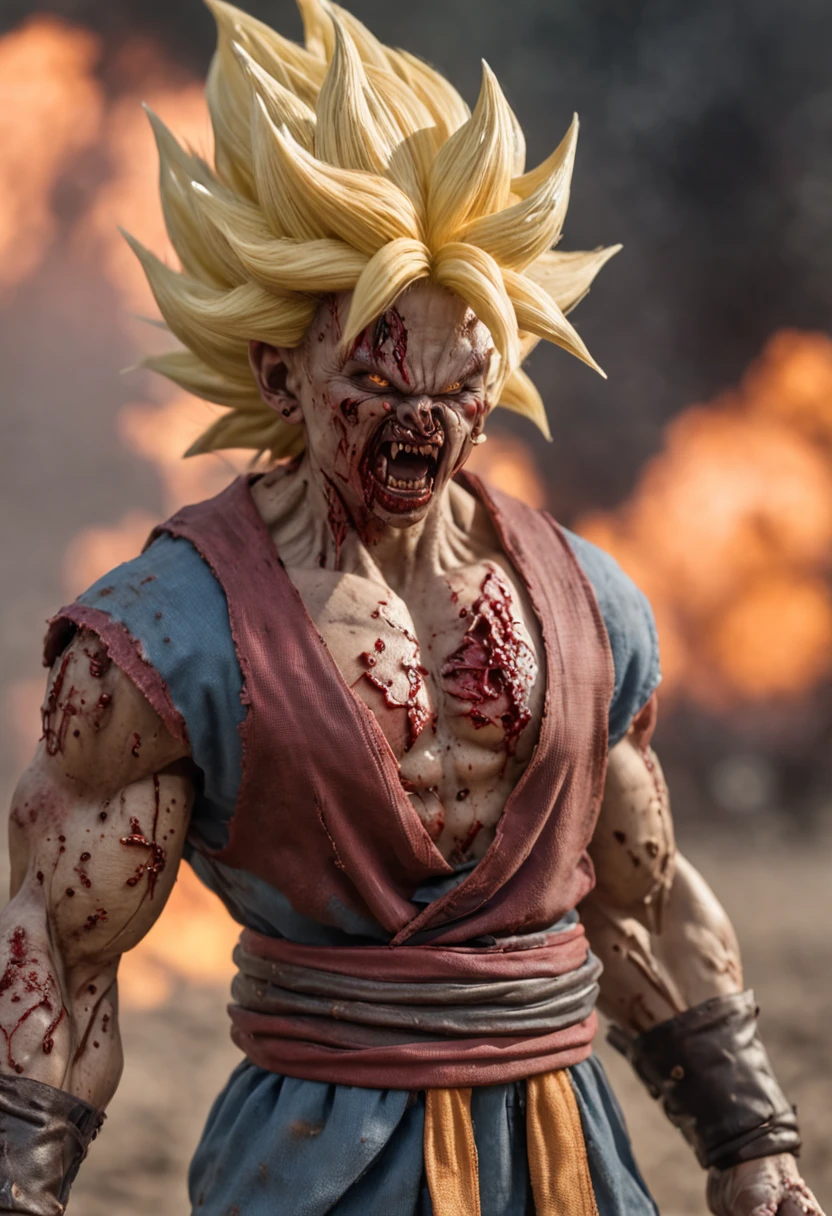 A Super Saiyan Zombie, In the middle of a zombie war, Gore, Blood, Blood Sparks, Horror, 12k