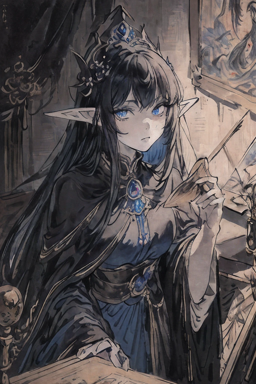 masterpiece, best quality, an undead delicate elven woman, wearing a mask, blue eyes, world masterpiece theater, ultra-detailed, highly detailed, best quality, black and white hair, highres, extremely detailed,1girl, best quality, illustration, looking at viewer, impasto, canvas, oil painting