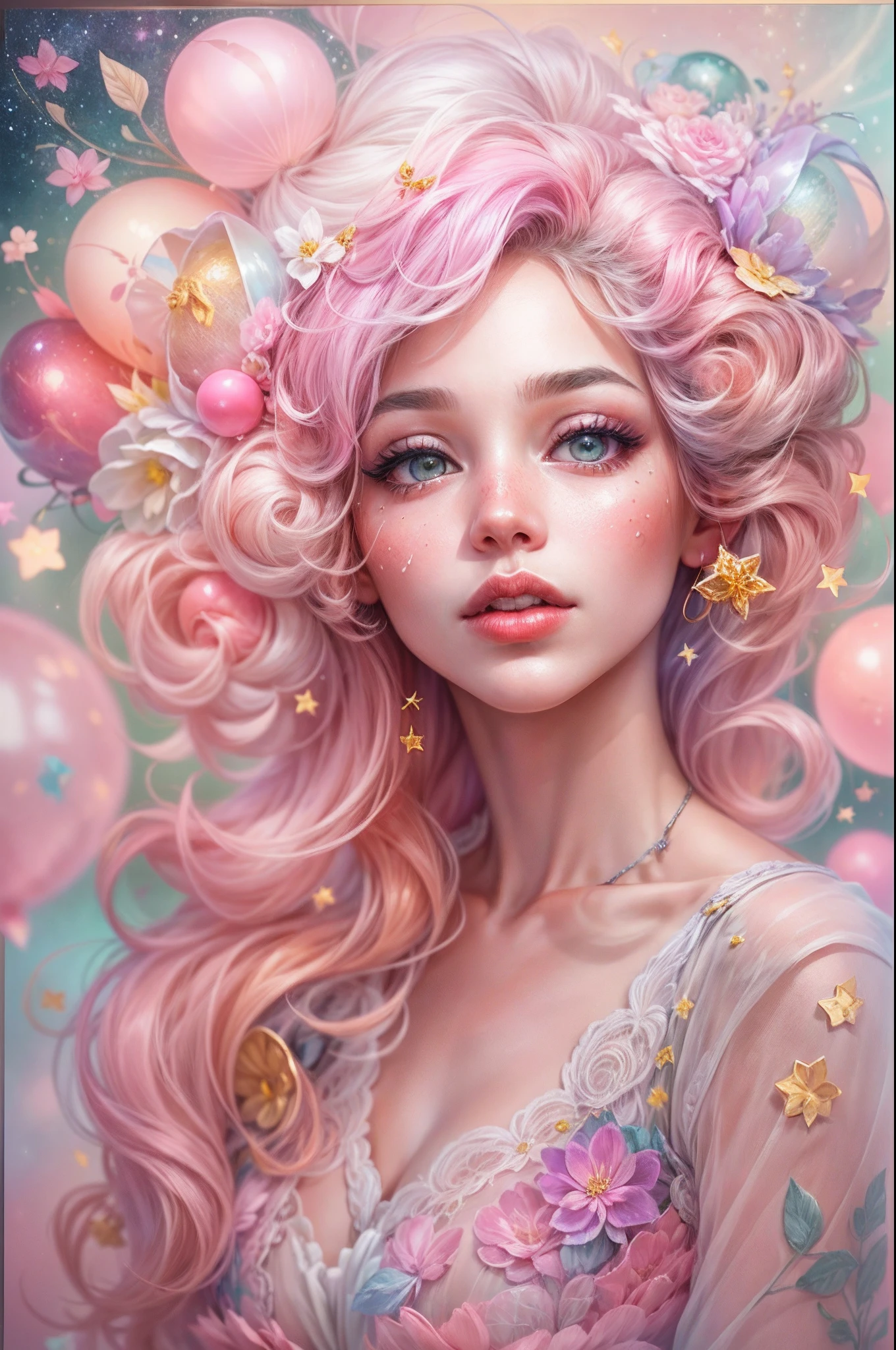 ((masterpiece)). This artwork is sweet, dreamy, and ethereal, with soft pink watercolor hues and lots of ornate cotton candy accents. Generate a delicate and demure fae exploring a (bubblegum world with a wide variety of pastel shades). Her sweet face is extremely detailed and realistic with elegant features, a perfect mouth with puffy kissable lips that are closed, and looks like ((((a fancy Micarah Tewers with plump lips closed)))). Her pursed lips are a uniform pink hue. Include mature features and stunning, highly realistic eyes. Her eyes are important and should be realistic, highly detailed, and beautiful. In high definition and detail, include lots of details like stars, galaxies, colorful bubbles, colorful petals, dripping shimmering paint, iridescence, and lots of energy and emotion. The stars and colorful bubblegum bubbles are important! Include fantasy details, enhanced details, iridescence, colorful glittering wind, and pollen. Pay special attention to her face and make sure it is beautifully and realistically detailed. Camera: This art is dreamy and ethereal and the camera should emphasize those traits. Create something that is shockingly beautiful with fairy hues. Utilize dynamic composition techniques.