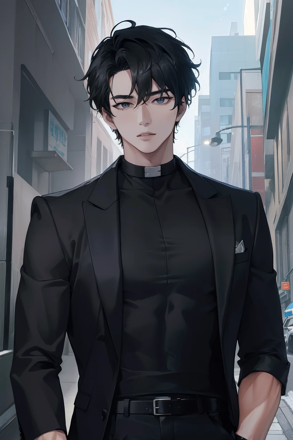 (Masterpiece:1.4), (Best Quality:1.2), Yu Jonghyuk, 1boy, male focus, black undershirt, black jacket, Black pants, upper-body