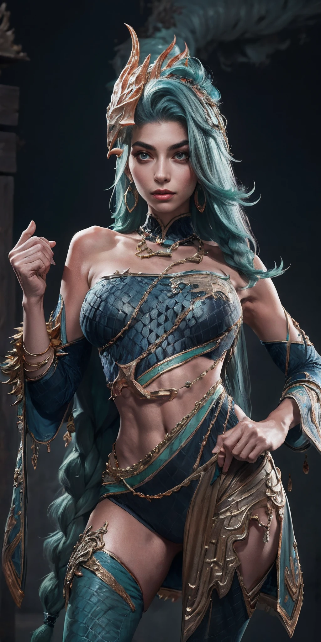 ((Tall girl reciting mantras)), peeking out from under his forehead, BREAK, (Fog in the background, Chaos, destruction, Gold Chains, Blood and sand), (Slim_thights:1.3), ((big breastes)), Slender_thights, aqua hair, 1girl, 独奏, (shapely body:1.4), generous cleavage, Skinny, detailed anatomy, the perfect body, Detailed body, detailized face, Beautiful anatomical eyes. BREAK Kaisa Dragon Lagoon, The BREAK is very detailed, Intricately detailed art, Artstation's Detailed Triadic Color Trend in Unreal Engine 5, 8K resolution, deviantart masterpiece. (extreme close up portrait).