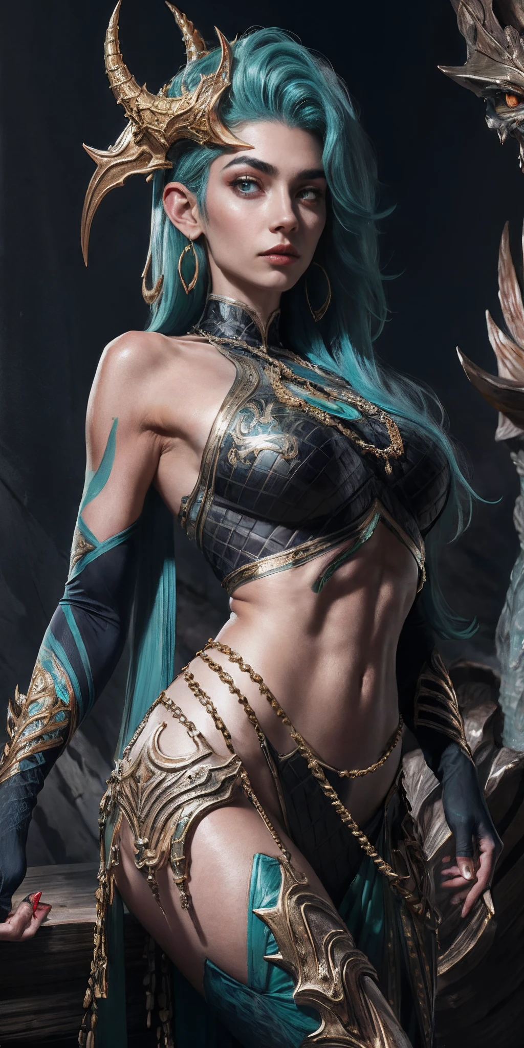 ((Tall girl reciting mantras)), peeking out from under his forehead, BREAK, (Fog in the background, Chaos, destruction, Gold Chains, Blood and sand), (Slim_thights:1.3), ((big breastes)), Slender_thights, aqua hair, 1girl, 独奏, (shapely body:1.4), generous cleavage, Skinny,  detailed anatomy, the perfect body, Detailed body, detailized face, Beautiful anatomical eyes. BREAK Kaisa Dragon Lagoon,  The BREAK is very detailed, Intricately detailed art, Artstation's Detailed Triadic Color Trend in Unreal Engine 5, 8K resolution, deviantart masterpiece. (extreme close up portrait).