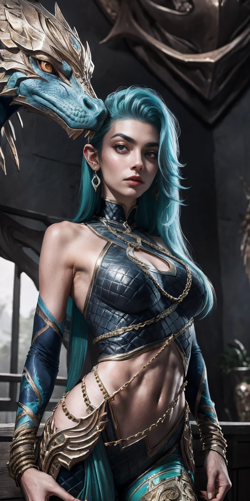 ((Tall girl reciting mantras)), peeking out from under his forehead, BREAK, (Fog in the background, Chaos, destruction, Gold Chains, Blood and sand), (Slim_thights:1.3), ((big breastes)), Slender_thights, aqua hair, 1girl, 独奏, (shapely body:1.4), generous cleavage, Skinny,  detailed anatomy, the perfect body, Detailed body, detailized face, Beautiful anatomical eyes. BREAK Kaisa Dragon Lagoon,  The BREAK is very detailed, Intricately detailed art, Artstation's Detailed Triadic Color Trend in Unreal Engine 5, 8K resolution, deviantart masterpiece. (extreme close up portrait).