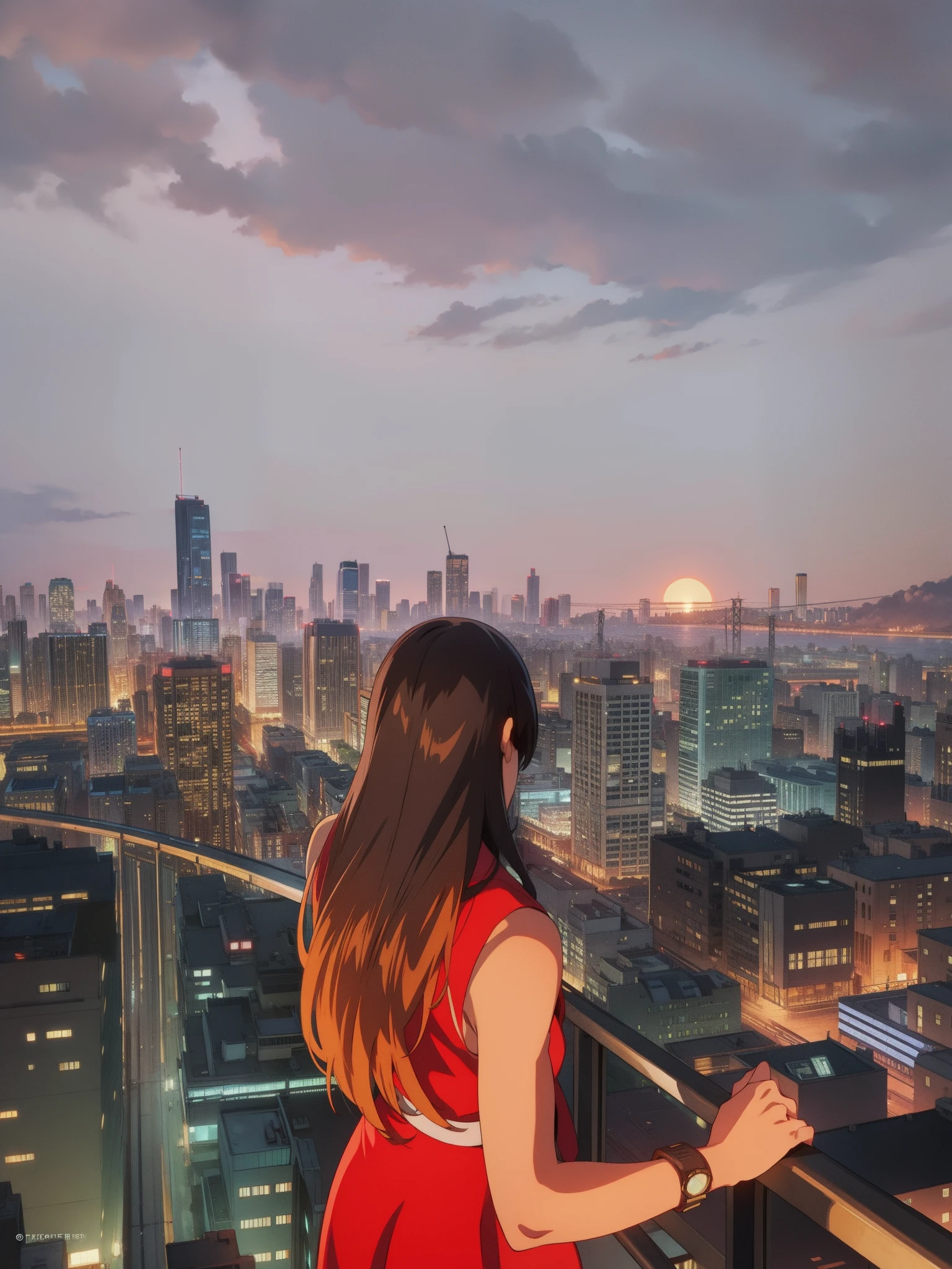 Anime scene by shinkai makoto, 1girl, city at sunset background