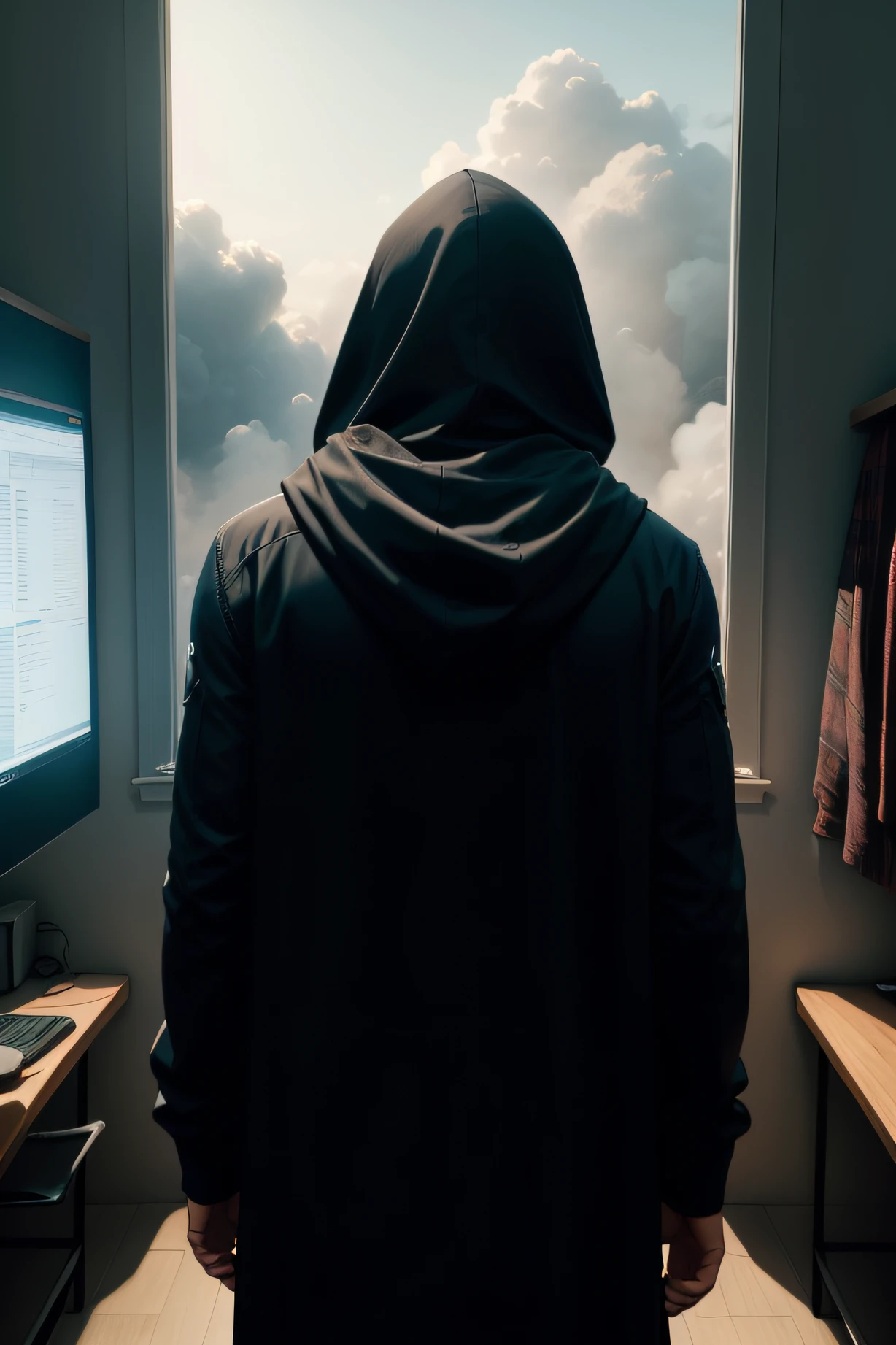 Person facing a chart panel with his back , with hood shrouded in smoke and very mysterious and without appearing the face , 2.048 x 1.152 pixels
