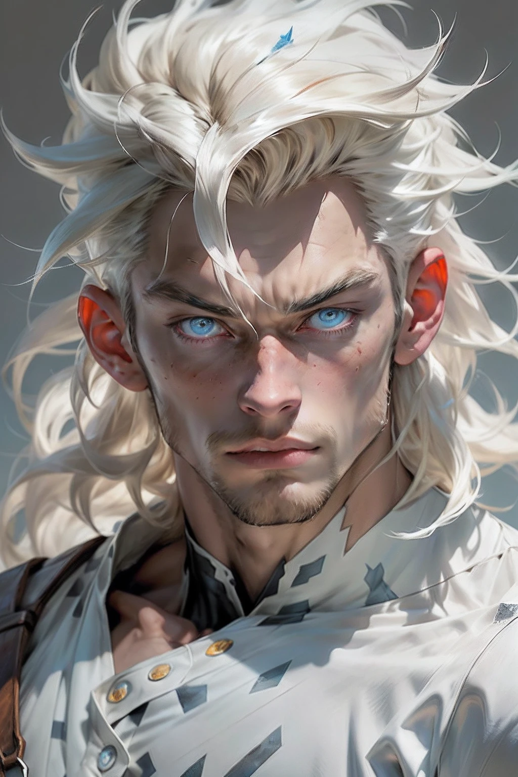 (Artwork d’anime) Hyperdetailed portrait big pale man, male, long jagged edges, longs cheveux blanc-blond, beau, icy blue eyes, amer, puissant, cunning, fourrure blanche, cuir. [Icy background]
