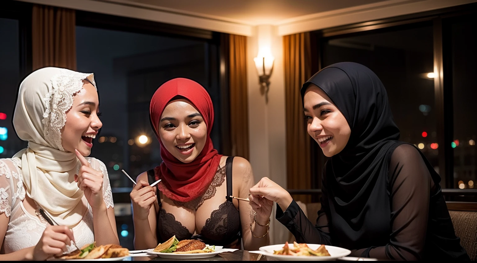 4 malay girl wearing hijab with lace underwear having dinner in hotel, laughing, happy, nighttime, beautiful girl, professional lighting, professional photography
