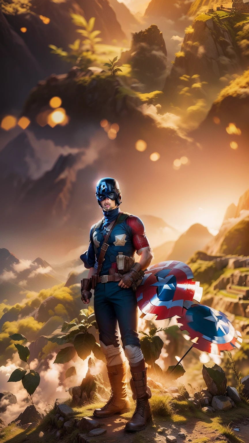 captain america take photo on machu picchu, highly detailed, concept, professional photograph