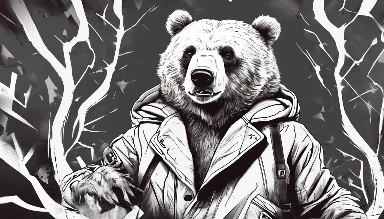 tmasterpiece,Create realistic drawings of a bear, Ted style, Hand drawing,shadowing,White hair on the chest V, on the white background, Urban style, in graffiti style, Escorida tones,  Estilo streetwear, Aggressive