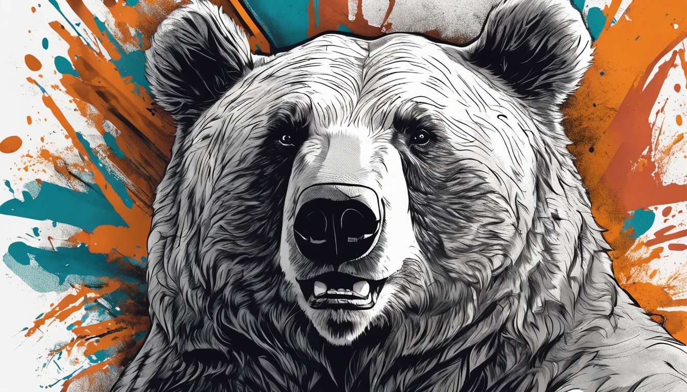 tmasterpiece,Create realistic drawings of a bear, Ted style, Hand drawing,shadowing,White hair on the chest V, on the white background, Urban style, in graffiti style, Escorida tones, Estilo streetwear, Aggressive