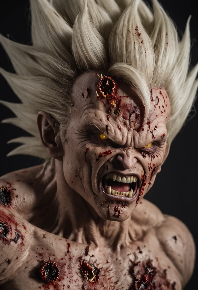 A Super Saiyan Zombie, In the middle of a zombie war, Gore, Blood, Blood Sparks, Horror, 12k