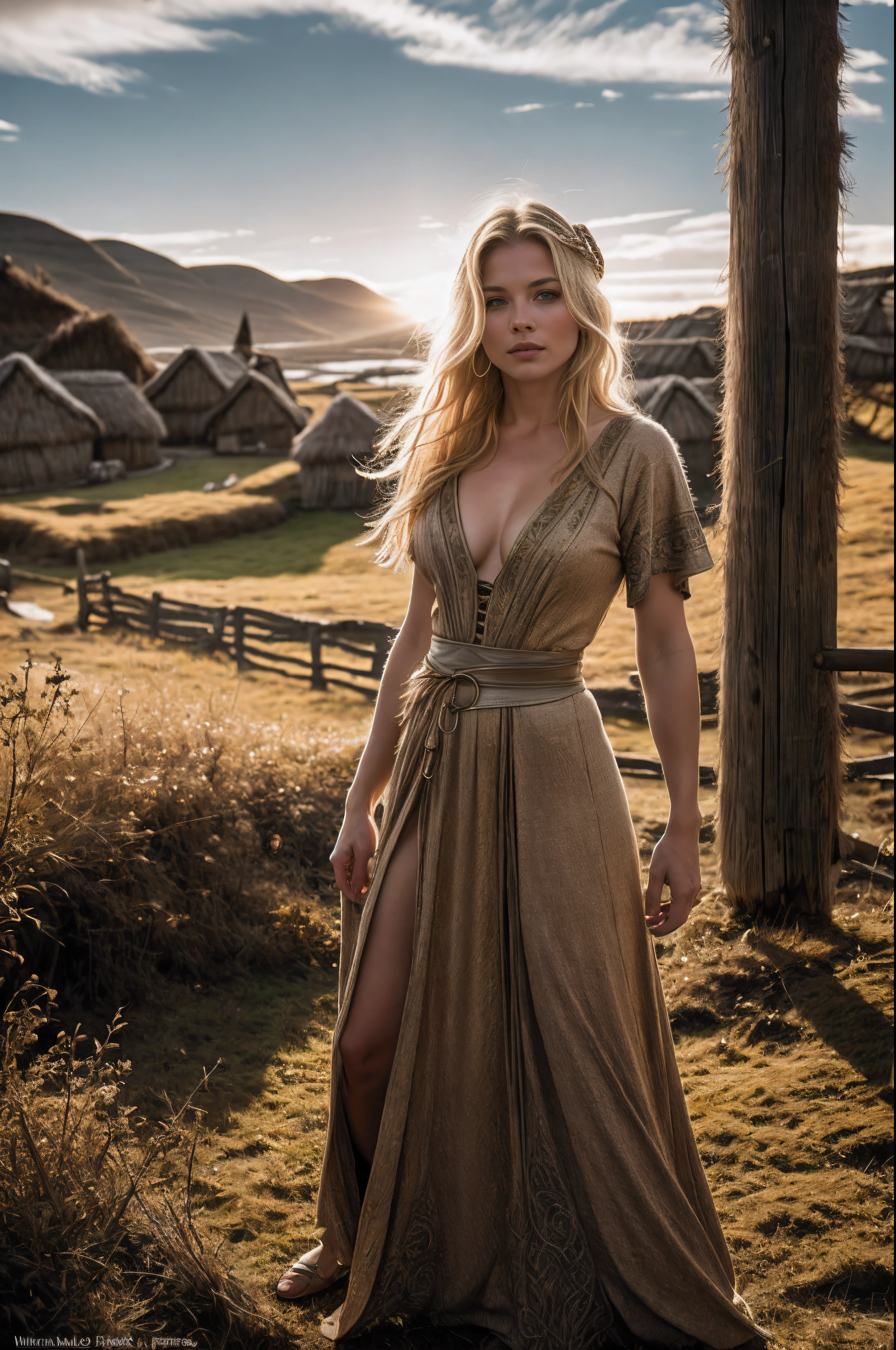 Masterpiece, a beautiful Viking woman, ((Marilyn Monroe:Michelle Pfeiffer:0.5)), (high detail plunging Celtic gown), (medium breasts), (perfect body), (blonde matted hair), (short hairstyle), outside, (skin texture:1.1), best quality, ultra high res, Raw photo, Nikon D850, backlight, rimlight, bright sunlight, film grain:1.2, (warm hue, warm tone:1.2), (color photo), fantasy Viking village background