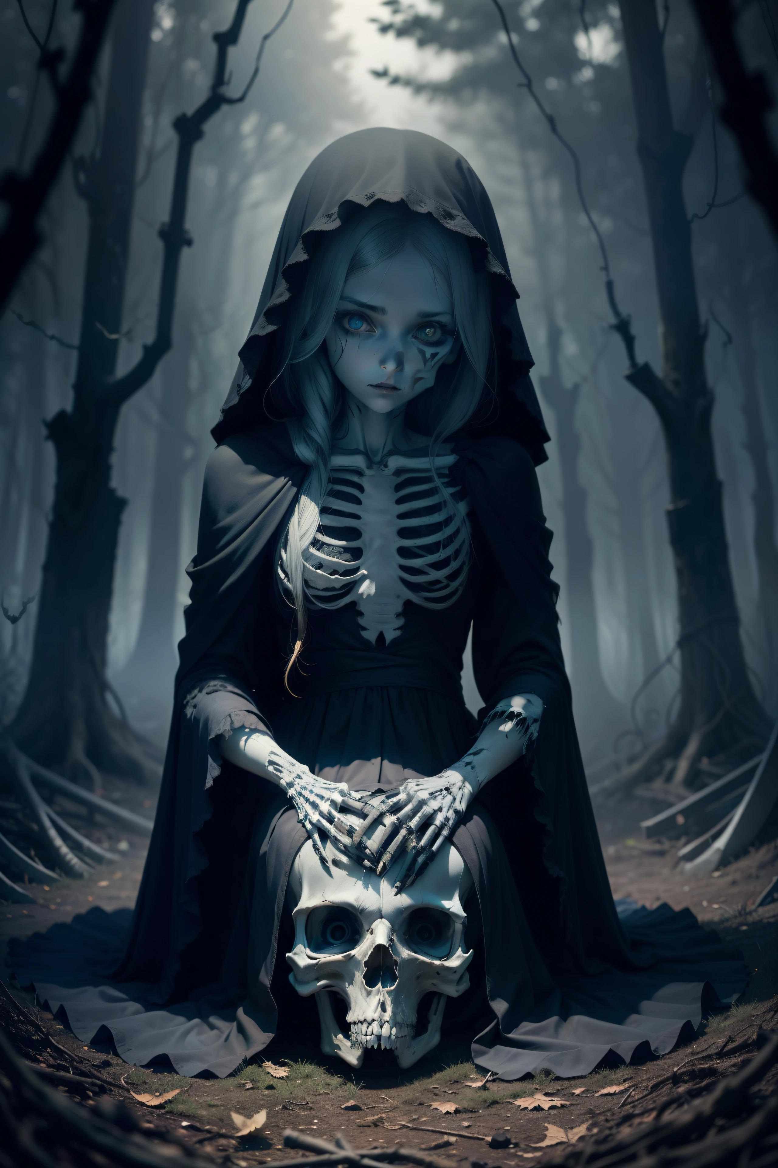 1 girl very pretty, spooky forest and grave yard, skeleton girl, corpse, where vines abound, a girl stares at you from amidst a pile of bones and skulls. Her eyes gleam with an eerie light, sitting down, full body shot, bones for a ribcage