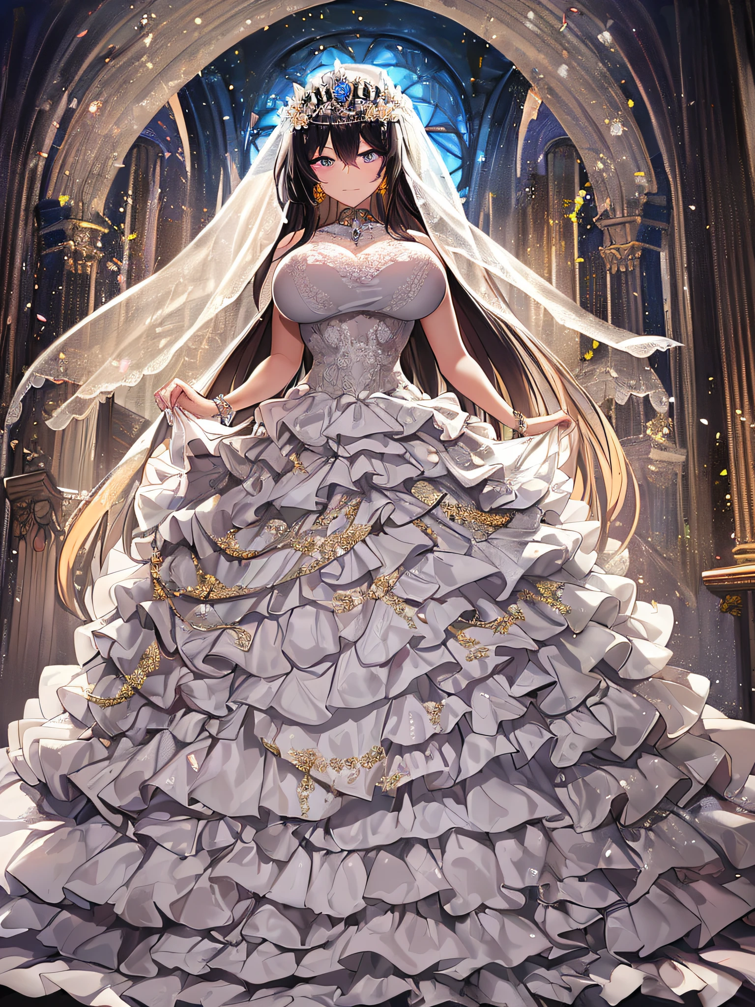 ((anime artstyle)),Masterpiece,Best Quality,Super Detail,Very Delicate and Beautiful,Solo,((full body)),(((1 arrogant queen wearing gorgeous white ballgown wedding dress with voluminous crinoline hoop skirt))),voluminous frills and beautiful lace,((gigantic tits,skindentation)),jewel-like eyes,(haughty smile),(((arrogant,haughty))),dominant pose,Sharp eyes,Purple eyes,(Beautiful detailed face and eyes),((Bangs between eyes,voluminous straight hair,extremely Long straight Hair)),black hair,gorgeous embroidery and lace,luxury hair ornament,extremely gorgeousfull jeweled tiara,long train,bling-bling gorgeous gemstone jewelry,long wedding veil,full body,standing in the sacred cathedral,white lily flowers,flower petals flowing,light particles,Sacred Light,((gorgeous white ballgown wedding dress with voluminous crinoline hoop skirt))