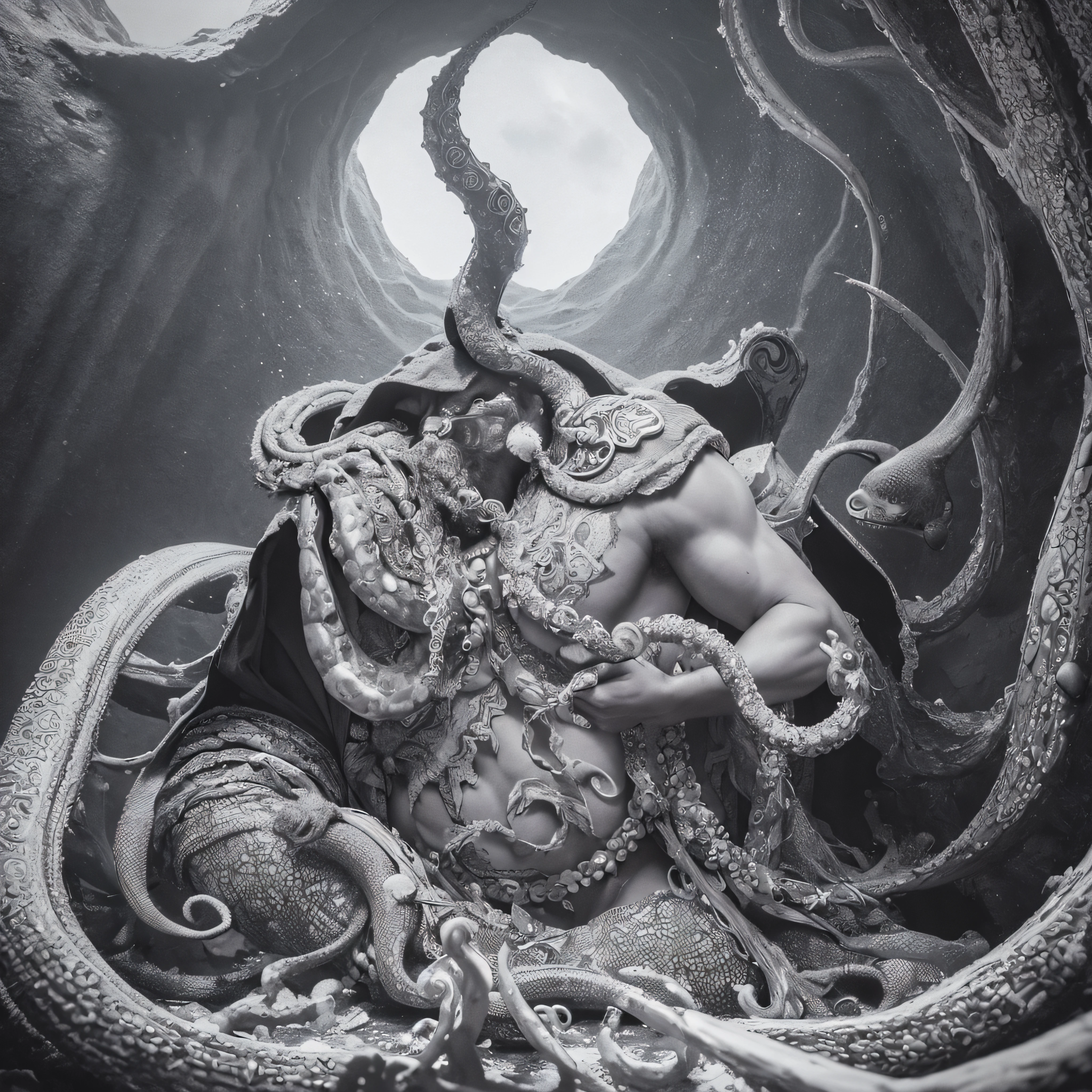 (extremadamente detallado, obra maestra, La mejor calidad, Under the Ocean), Estilo oscuro, volumetric illumination. armadura medieval, rostro con arrugas, lengua larga, tentacle, deforme, imagen submarina vista desde el exterior, pico de pulpo amenazante. manchas de tinta. Rococo composition. Luz de caravaggio