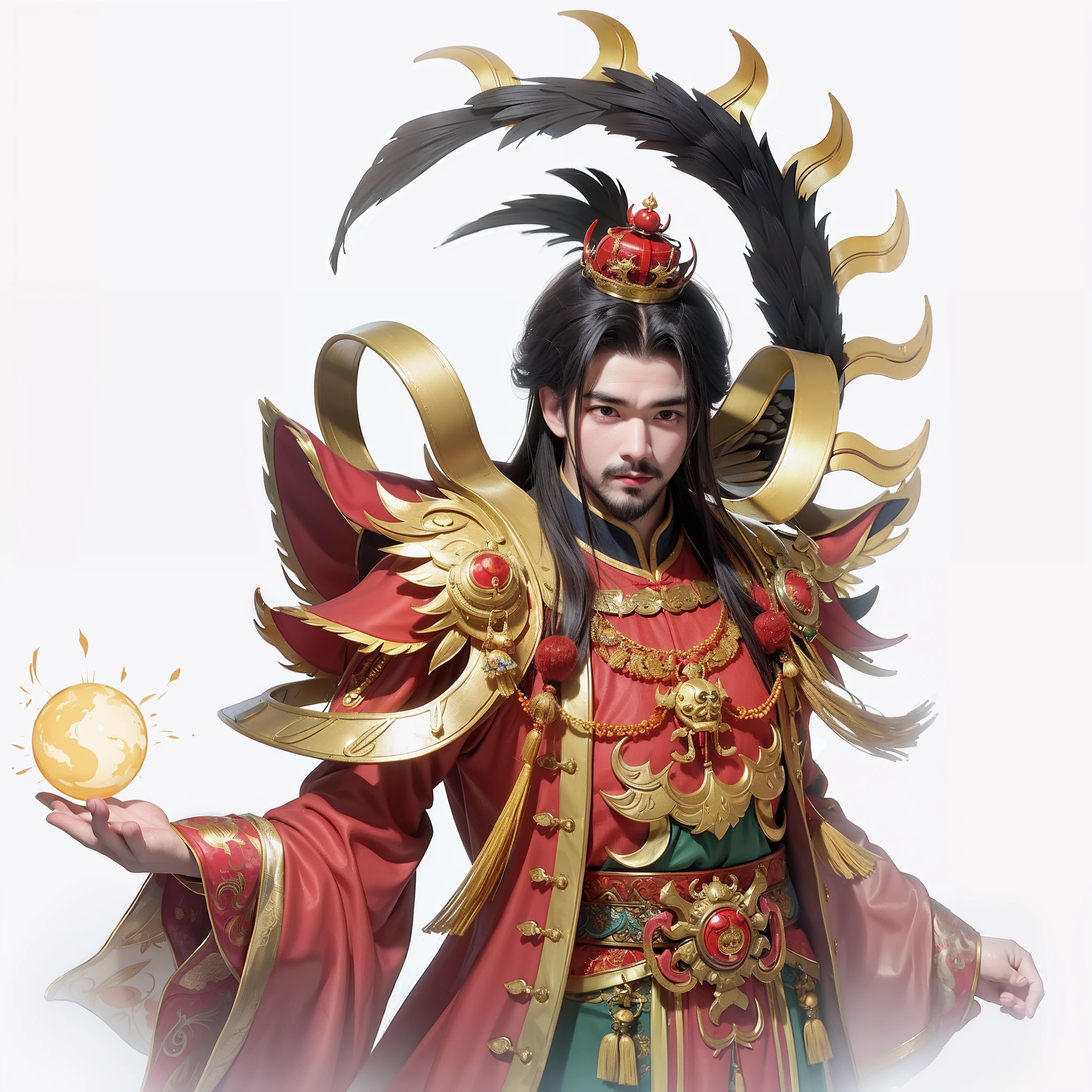 Burly Chinese man dressed in red and gold,Wears a purple-gold crown on his head, Big fat man, A golden three-legged golden crow is embroidered on the chest, Similar to the image of the Jade Emperor,The appearance of Jiro God,mythical character,Incarnation of the sun,Flames surround,zhao yun