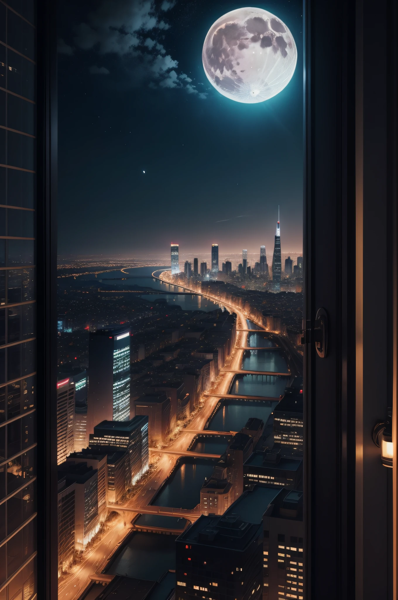 Moon over a city at night