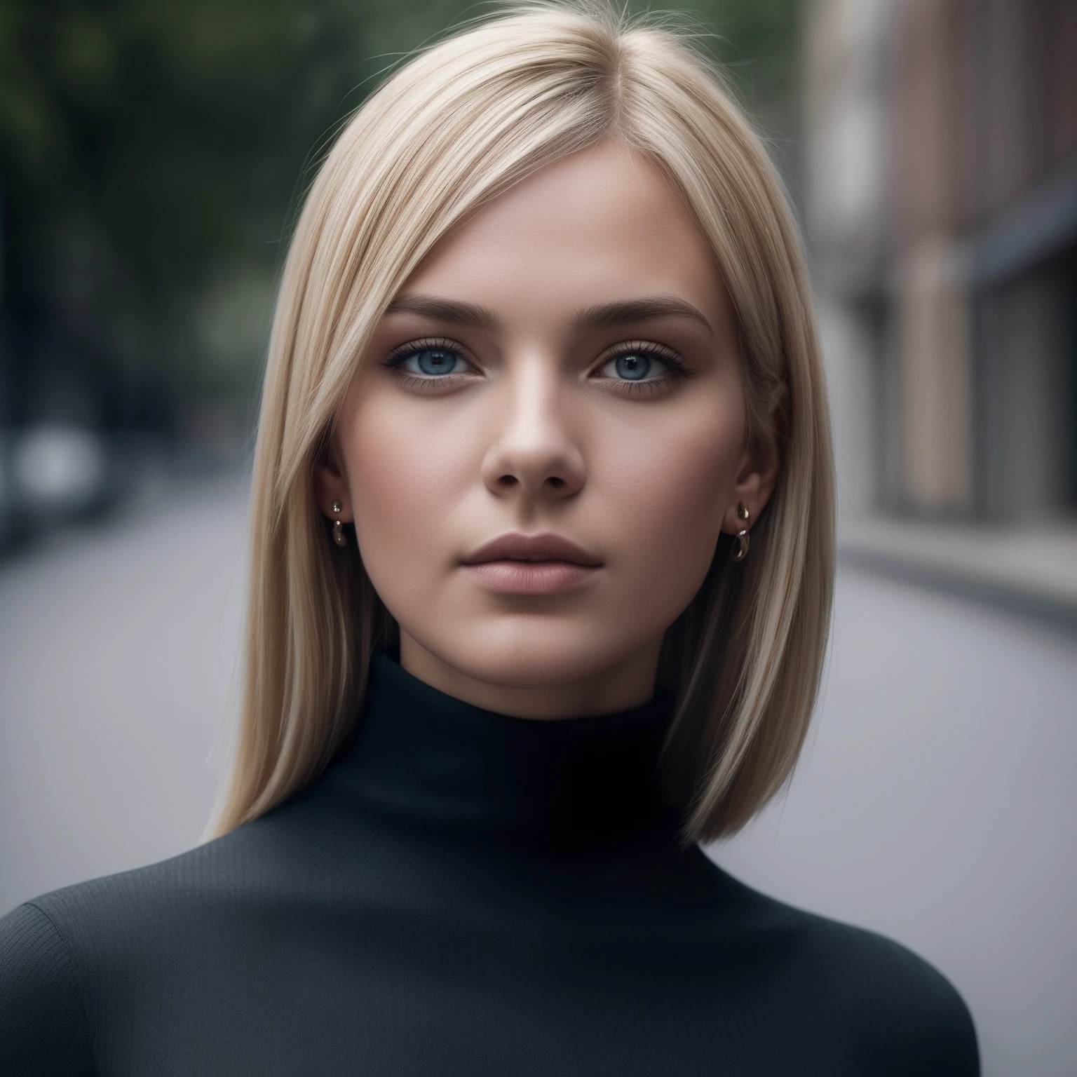 Slender, young, short blonde hair, blue eyes, in town, natural skin texture, 24mm, 4K textures, soft cinematic light, RAW photography, photorealistic, photorealistic, complex, elegant, highly detailed, sharp focus, (((cinematic look))), calm Tone, Insane Detail, Complex Detail, Ultra Detail, High Contrast, Soft Cinematic Light, Dim Colors, Exposure Blending, HDR, Faded, Cold, Waist Thin, Well-Proportioned, (8k, 4k, Top Quality, Hi-Res: 1.1), (Realistic, Photorealistic: 1.1), Girl 1 People, Solo, Face, Twin Tails, Blonde Hair, Bangs, Long Hair, Necklace, Earrings, Lips, Eye Shadow, Jewelry, (Viewer Looking For: 1.8), Spaghetti Straps, Detail, High Contrast, from_side, srfc, stunning complex full color portrait, wearing black turtleneck, spectacular character composition, by Ilya Kubushinov, Alessio Albi, Nina Masic, sharp focus, natural light, sub-surface scatter, f2, 35mm, film grain