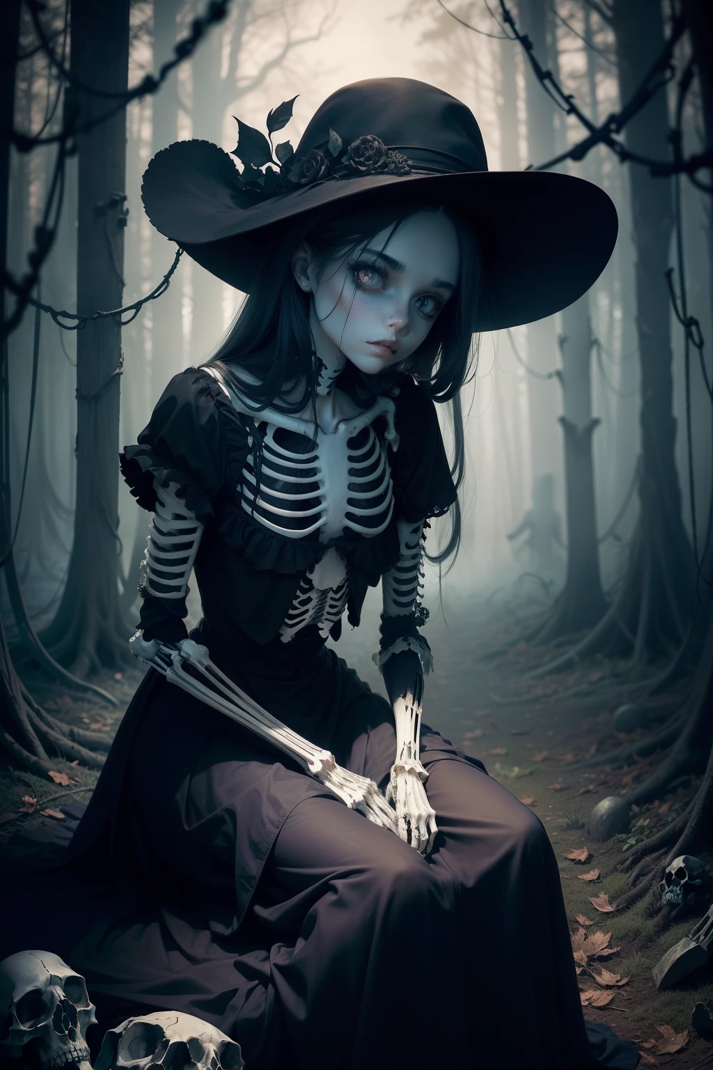 1 girl very pretty, spooky forest and grave yard, skeleton girl, corpse, where vines abound, a girl stares at you from amidst a pile of bones and skulls. Her eyes gleam with an eerie light, sitting down, full body shot, bones for a ribcage