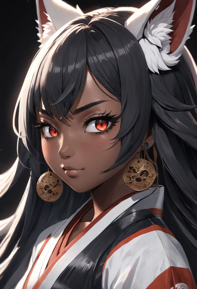 kitsune the japan, black woman on the right side, Hannya mask style, illustrator, 0mib,masterpiece, high quality, black and gray, monochrome, 8k, high resolution, high detail, japanese, samurai,extremely detailed eyes and face, beautiful detailed nose, beautiful detailed eyes, light on face, looking at viewer, (1 female, mature face), realistic face, full lips, captivating smile, realistic body, (RAW photo, best quality), (realistic, photorealistic: 1.3), masterpiece, extremely beautiful, extremely detailed, CG, unity, 4k wallpaper, amazing, fine details, extremely detailed 8k CG unity wallpaper, size huge archival, ultra-detailed, high resolution, absurdities, soft light, wet dress, big round ass,