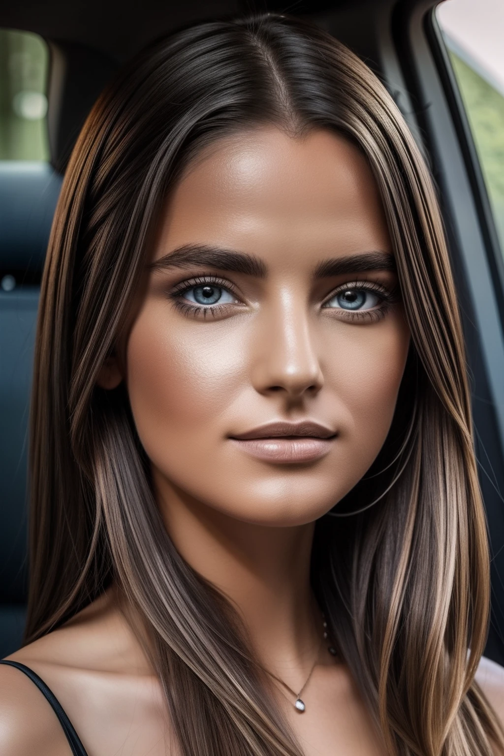 Photography of a stunning girl, Tragen eines tief ausgeschnittenen Oberteils, (((sehr schwere Oberweite))), gewelltes Haar, im Auto, schaut in die Kamera, Symmetrische Augen, symmetrical whole body photo, fotorealistisch, Fotografie, Pfadverfolgung, Spiegelnde Beleuchtung, Volumetrisches Gesichtslicht, Pfad nachgezeichnetes Haar, Sichtbare Schatten, kompliziert, Aufwendig, Hyperrealistisch