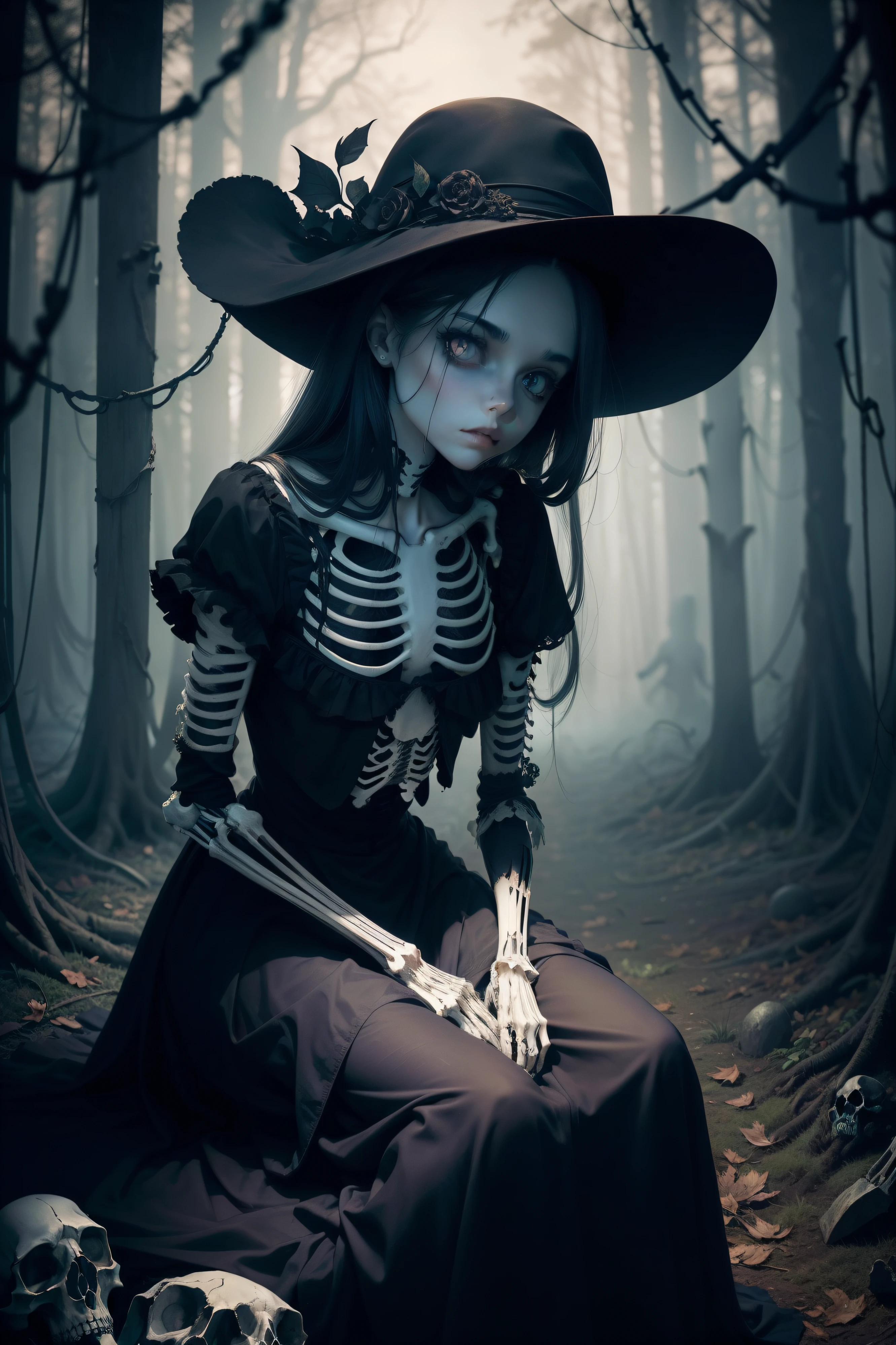 1 girl very pretty, spooky forest and grave yard, skeleton girl, corpse, where vines abound, a girl stares at you from amidst a pile of bones and skulls. Her eyes gleam with an eerie light, sitting down, full body shot, bones for a ribcage