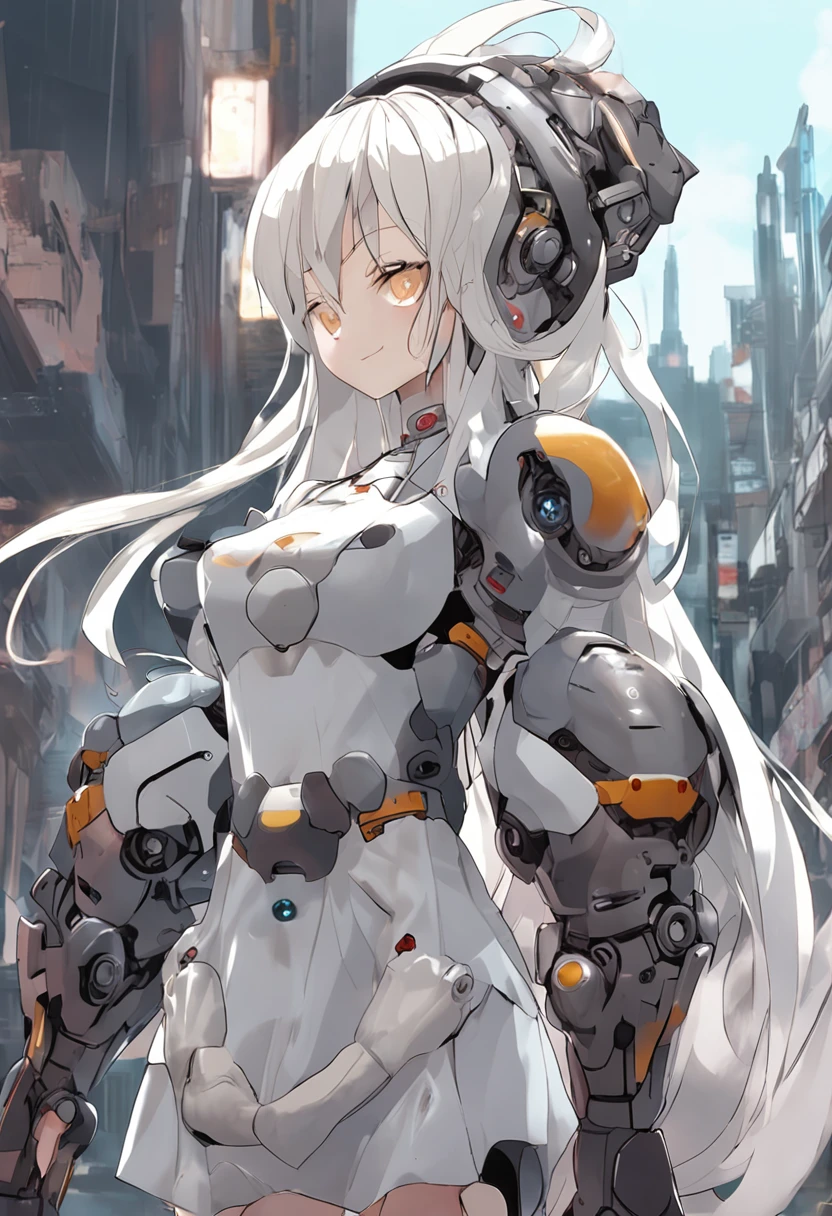 A robotic girl with long white hair and a big pearl in her forehead, dressed in a suit maid outfit, standing proudly in front of a human girl who is her owner