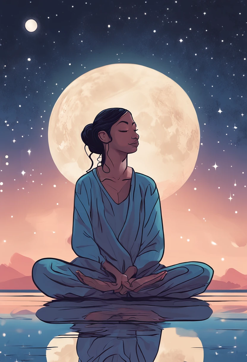 A digitally painted portrait of a person with their eyes closed, head tilted up towards a glowing full moon. The moonlight casts a tranquil blue hue onto the serene face of the person, highlighting their expression of inner stillness and zen. Stars twinkle softly in the background night sky. The landscape around is quiet, with a lake reflecting the moonlight near where the person sits peacefully in a lotus pose. Their hands rest on their knees, faces portray a deep sense of meditation and calm. The overall mood of the image is soothing, luminous, and centered, like the inner peace the subject feels inside is radiating outwards under the meditative moonlight. The style is atmospheric, elegant, and soothing.