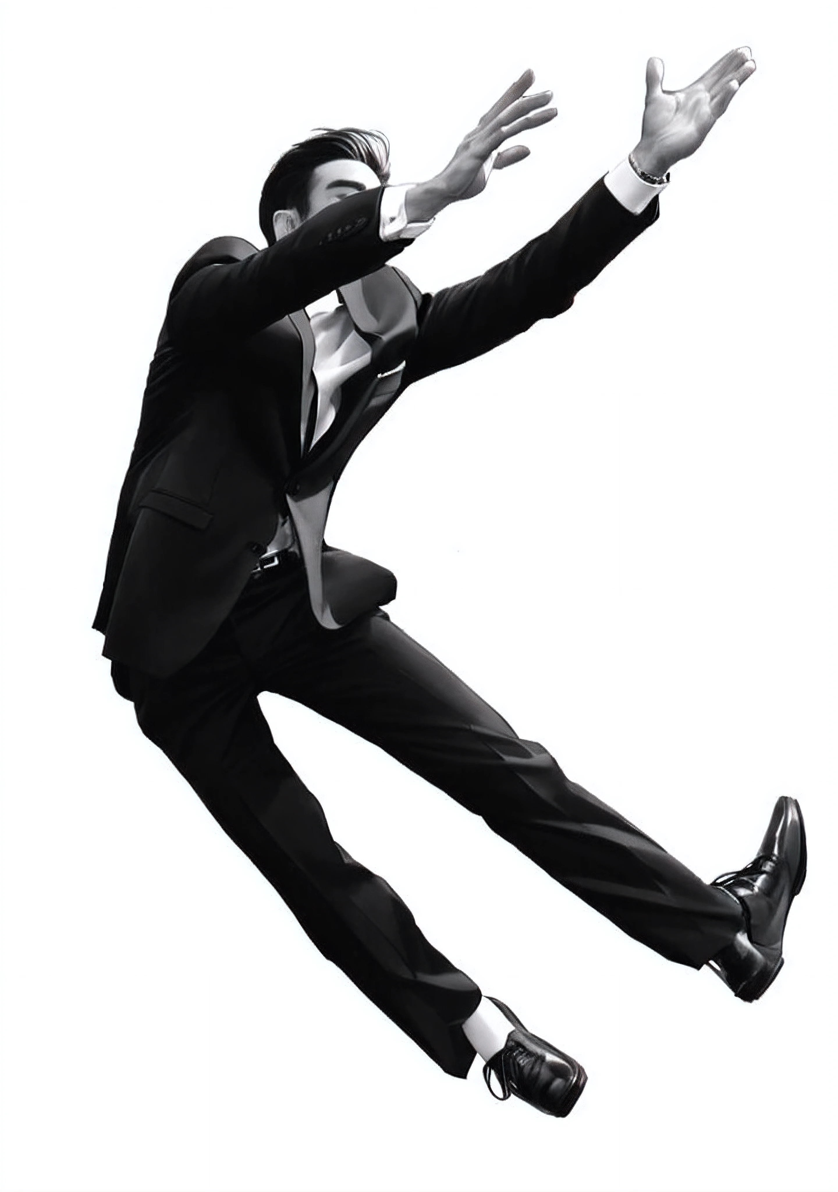 black and white pencil sketch of a man wearing black suit, leaning backward with straight legs, two hand infront of the head, two hand straight over the head, minimalistic pencil sketch, in the art style of Robert Longo, art style Robert Longo, Robert Longo art style, full white background, side profile, side view, side profile, side view