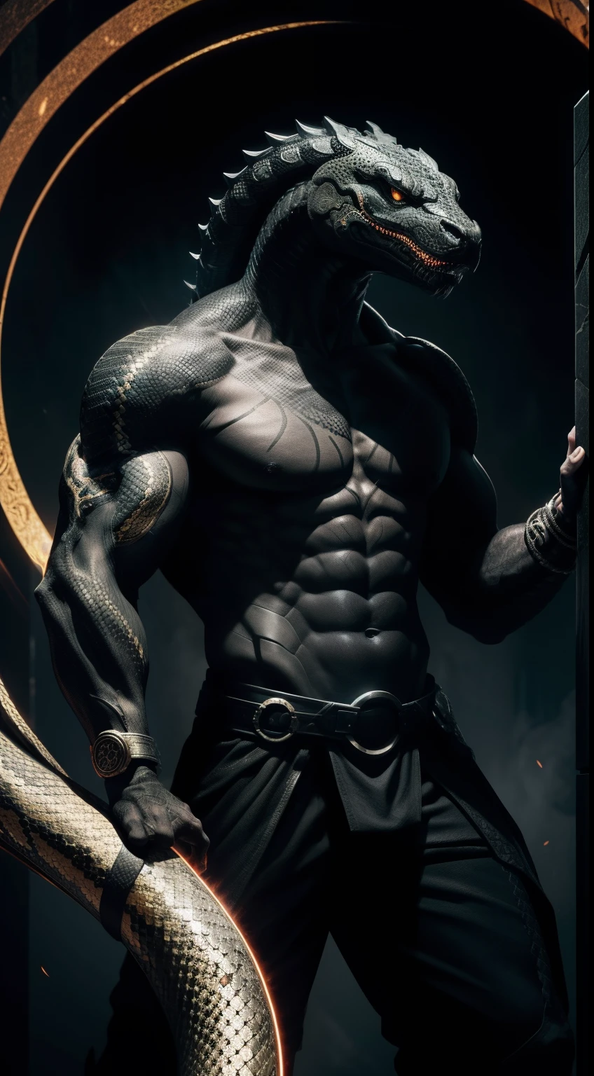 god of death, snake face, god body, black magic, black portal background, black fire, full body, Animal Anthropomorphism, realistic digital, humanoid, abstract background, global illumination, intricate, epic, dramatic, masterpiece, high detail, best quality, ultra high res