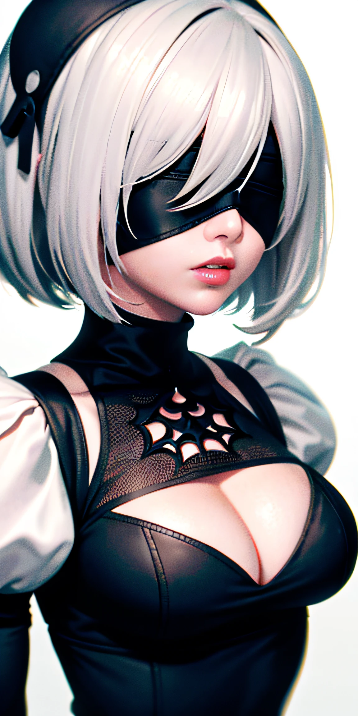 yorha no. 2 type b, 1girl, wlop, (blindfold), breasts, cleavage, cleavage cutout, clothing cutout, green background, hair between eyes, hairband, highres, juliet sleeves, long sleeves, nier (series), nier automata, puffy sleeves, red lips, shaded face, short hair, solo, turtleneck, upper body, white hair, sky