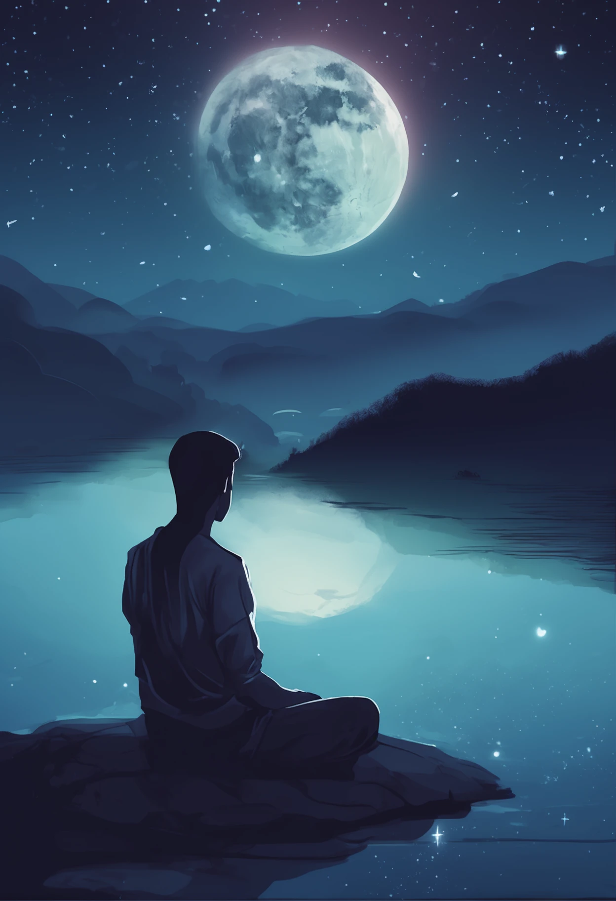 A digitally painted portrait of a person with their eyes closed, head tilted up towards a glowing full moon. The moonlight casts a tranquil blue hue onto the serene face of the person, highlighting their expression of inner stillness and zen. Stars twinkle softly in the background night sky. The landscape around is quiet, with a lake reflecting the moonlight near where the person sits peacefully in a lotus pose. Their hands rest on their knees, faces portray a deep sense of meditation and calm. The overall mood of the image is soothing, luminous, and centered, like the inner peace the subject feels inside is radiating outwards under the meditative moonlight. The style is atmospheric, elegant, and soothing.