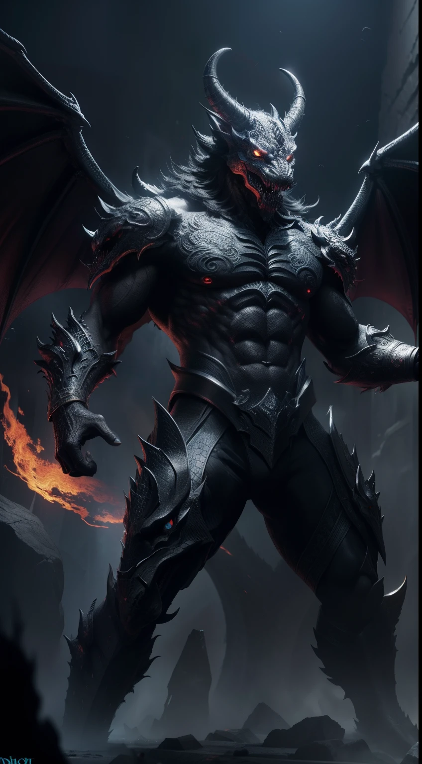 god of death, dragon face, god body, black magic, black portal background, black fire, full body, Animal Anthropomorphism, realistic digital, humanoid, abstract background, global illumination, intricate, epic, dramatic, masterpiece, high detail, best quality, ultra high res
