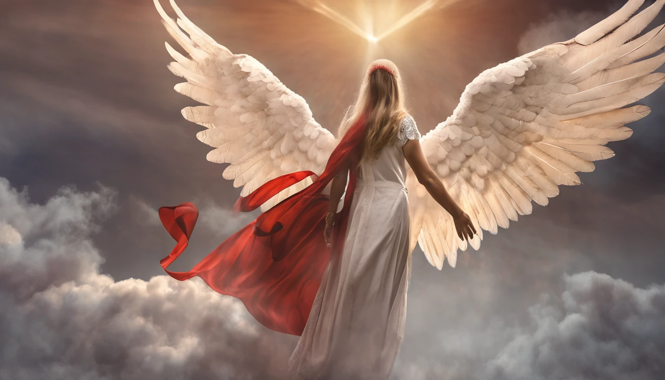 There is a painting of an angel with wings in the sky, Anjo majestoso de corpo inteiro, vestido com roupas brancas e vermelhas, biblical accurate angel, Arcanjo Miguel, anjo protegendo em guarda, angel spirit guide, angelic, Arcanjo Miguel, humano alado, epic angel wings, anjo lindo, anjo, being brilliant angelic, angelic, Tema de anjo, Alto Anjo tiro distante, Biblical setting, anjo guerreiro, with a spear in his hand, vestes vermelhas estilo soldado romano, anjo aparentando idade de 40 anos e majestoso