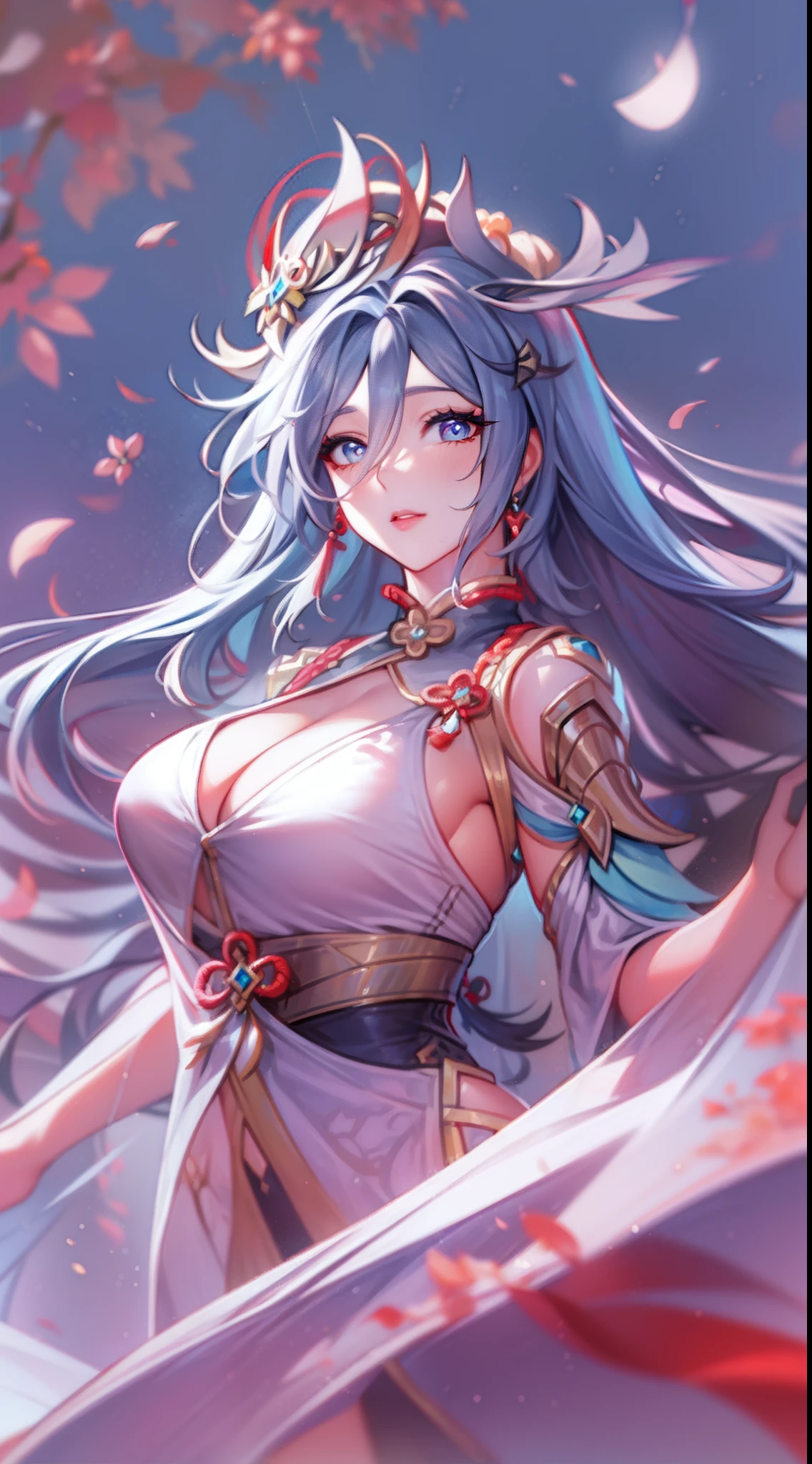 woman, full body, detailed face, mature woman, chinese costume, fantasy, white background, sharp face, particles (rose petals), cleavage, cinematic light, hair between eyes, dynamic angle, blue eyes, (shenhe \(genshin impact) \)