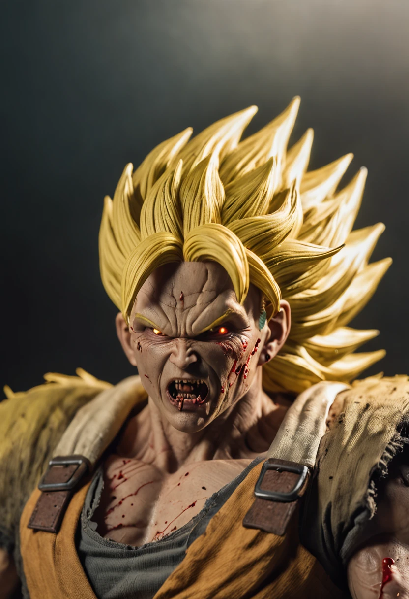 A Super Saiyan Zombie, Yellow Aura, Electric Sparks,  In the middle of a zombie war, Gore, Blood, Blood Sparks, Horror, 12k