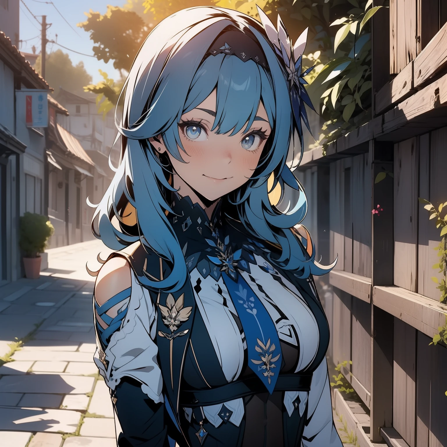(antecedentes extremamente detalhados) (melhor qualidade), (mais alta qualidade), (obra-prima) , (ultra-detalhado) , Eula Lawrence, peitos enormes, Your MILF skin is oily, olhar sedutor, sorriso sedutor, blush, blue skies, cabelo longo, sentada numa cadeira, olhos castanhos olhando para o espectador,4k , 8k ,