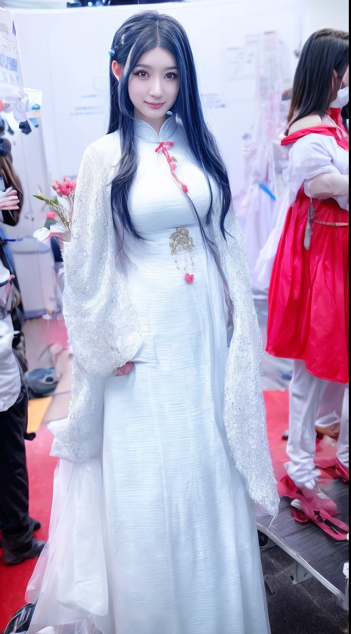 There are three photos of women and fans in white dresses, full-body xianxia, various poses shooting photos, White Hanfu, Anime girl cosplay, Cheongsam, Chinese costume, publicity cosplay, with acient chinese clothes, xianxia fantasy, fantasy photoshoot, sakimichan hdri, Chinese fantasy, Anime cosplay, shaxi, photoshoot