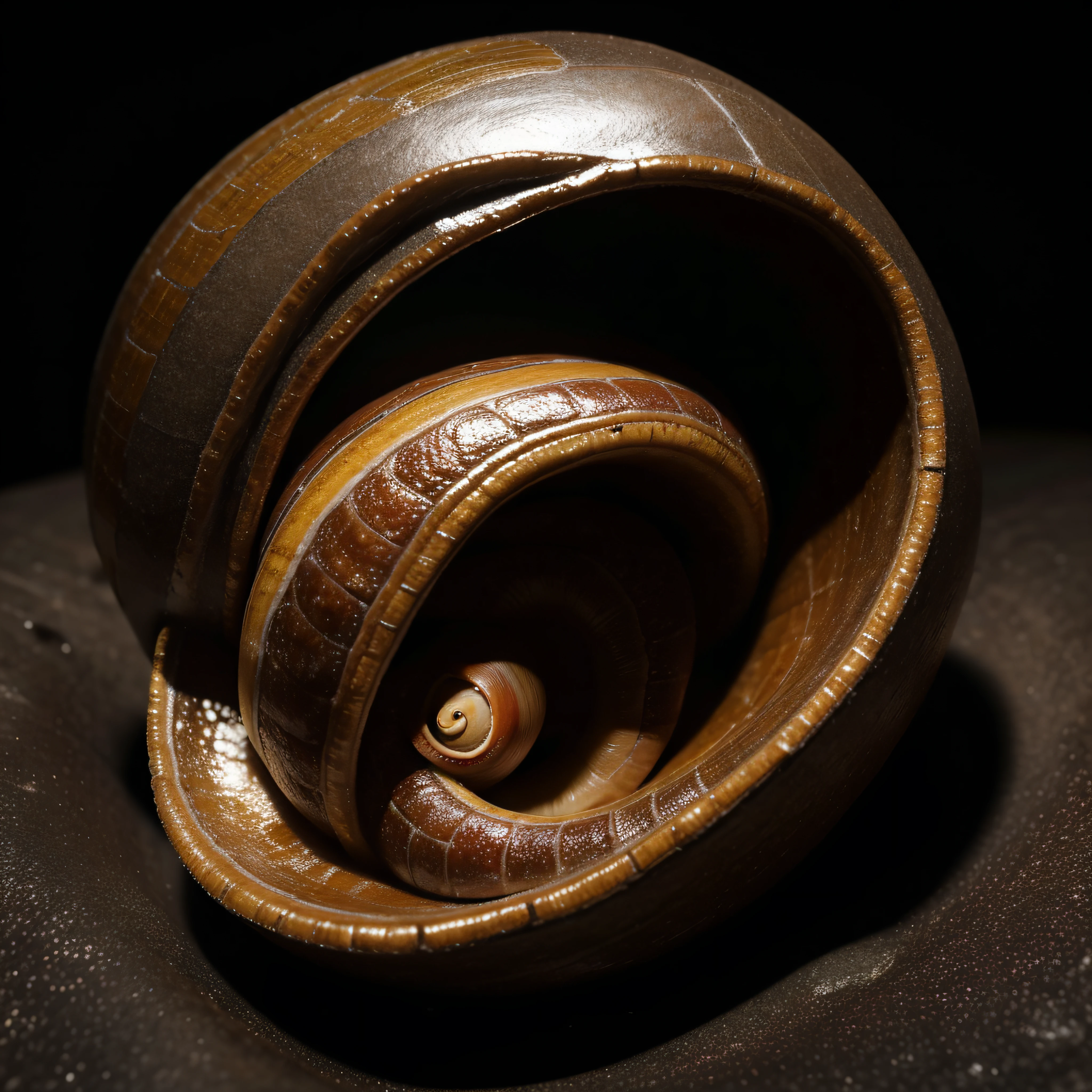 (extremadamente detallado, obra maestra, La mejor calidad, foto antigua, principios de siglo) A man emerges from inside a snail shell, una linterna directa lo ilumina, bosque de noche. plano cercano. sangre por el suelo.