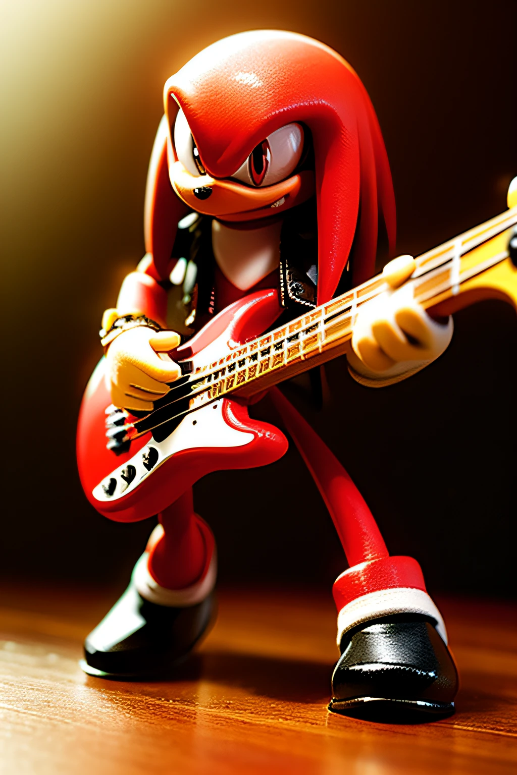 knuckles the echidna wearing black jacket, action figure, playing bass and singing, intricated details, 8k