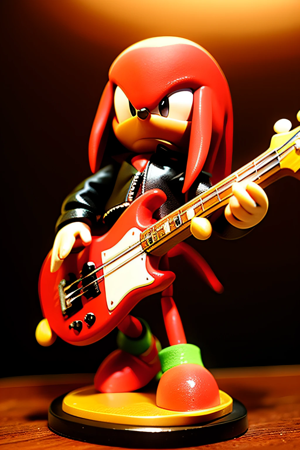 knuckles the echidna wearing black jacket, action figure, playing bass and singing, intricated details, 8k