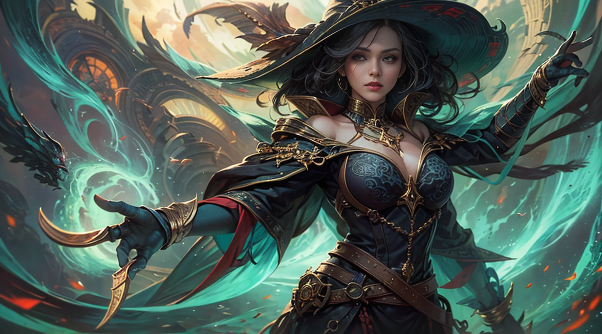 (masterpiece), (Highest quality), 8k resolution, Real、Realistic、Highest quality, shape, Very detailed、photograph、1人のgirl, girl, Stunning beauty, Perfect Face, Mature Woman, 20-year-old, sexy, sexyポーズ、steampunk, Witch Hat,Cape、Blizzard、ice、iceの塊、In the midst of war、Circle of Fire、Ruthless eyes、A tremendous aura behind me、Magic in both hands、ice魔法、Water Magic、magic circle、Background is blurred、The focus is on people、Preparing for Attack、call、The background is engulfed in flames