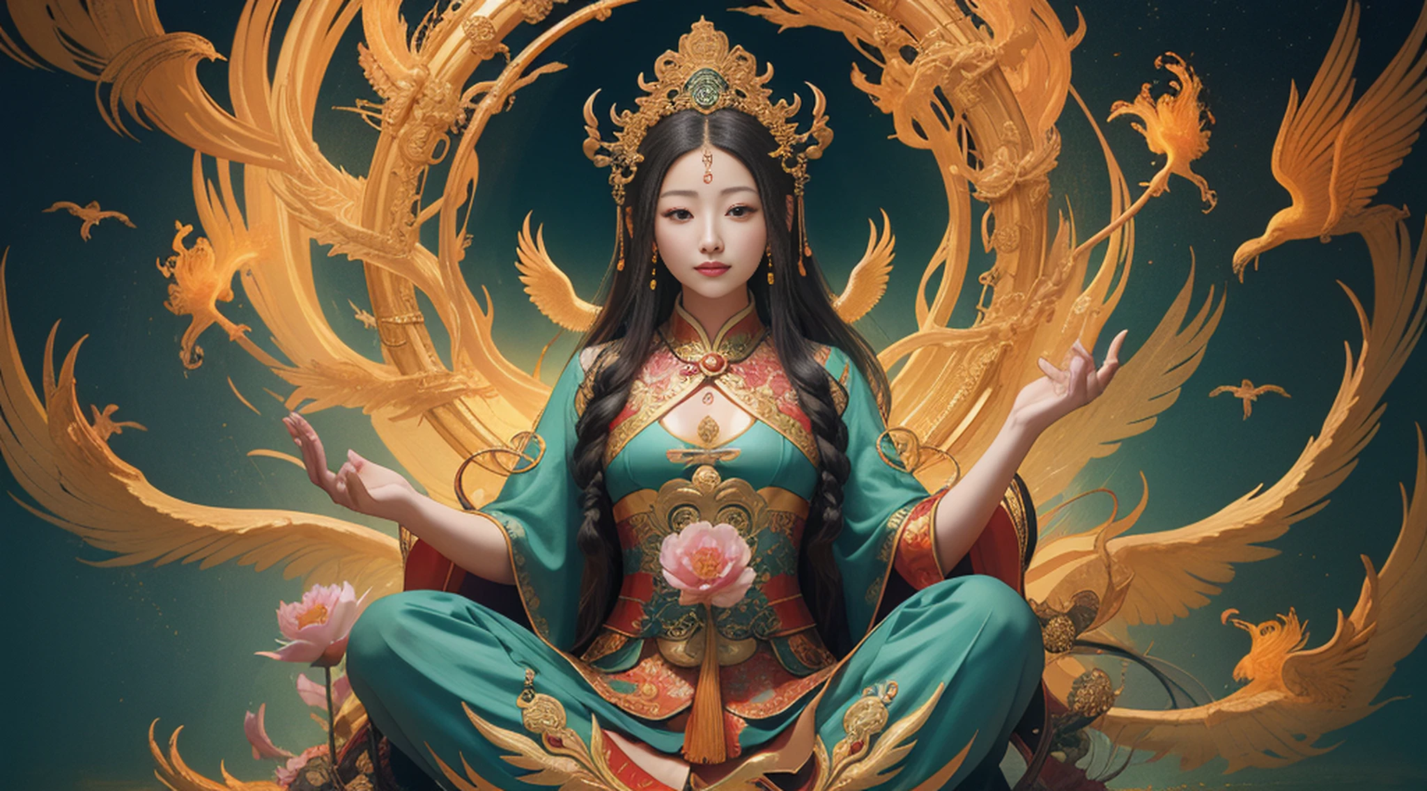uma antiga deusa chinesa, Guanyin dos Mares do Sul, Guanyin, Inspirado na China, Avalokiteshvara rides a phoenix，,serene expression,Shui Mo Hua,Buda,budista,lotuses,Estilo de pintura chinesa,Estilo Thangka