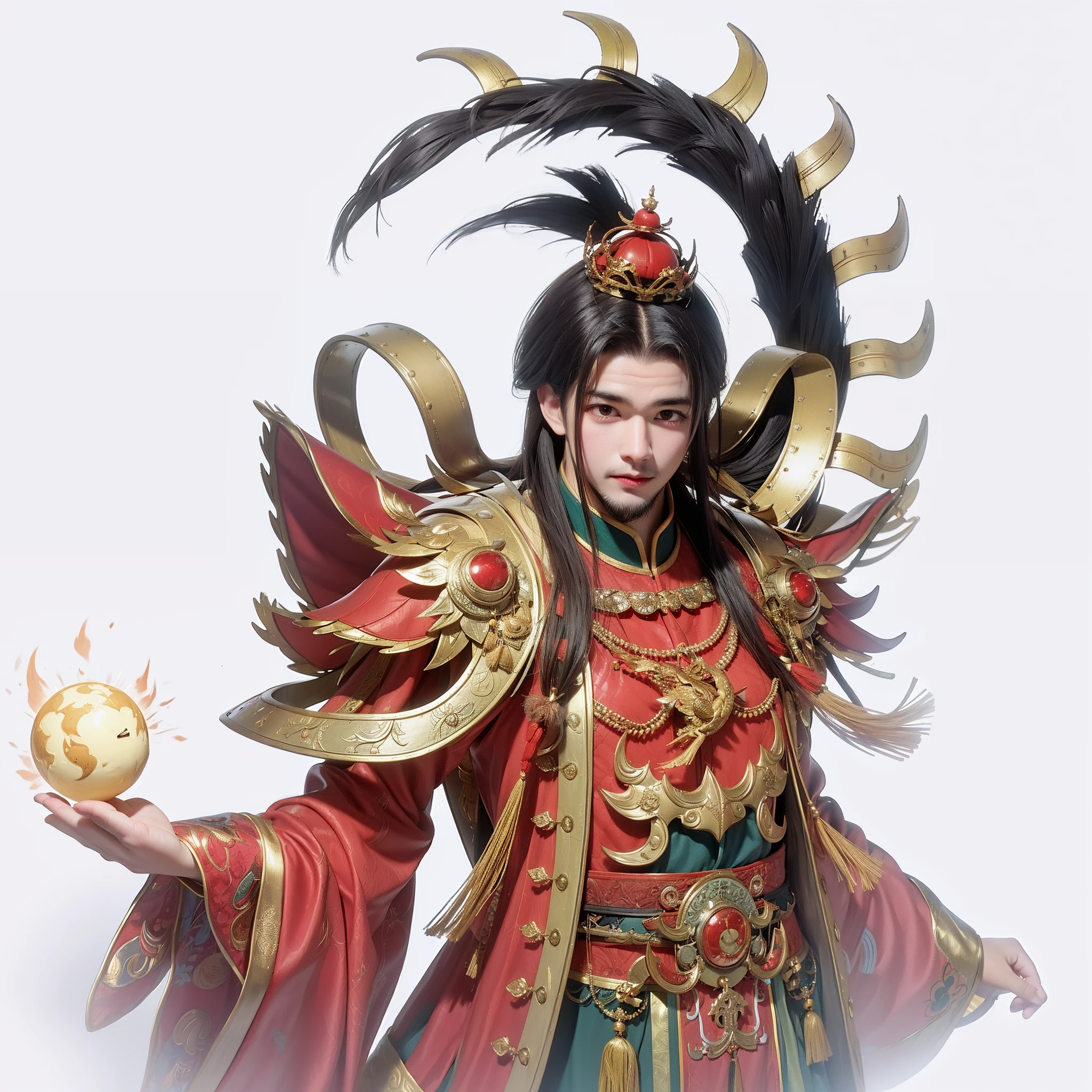 Burly Chinese man dressed in red and gold，Age at 40 years，com um rosto quadrado，Wears a purple-gold crown on his head, Big fat man, A golden three-legged golden crow is embroidered on the chest, Similar to the image of the Jade Emperor，The appearance of the god Jiro，mythical character，Incarnation of the sun，Flames surround，zhao yun